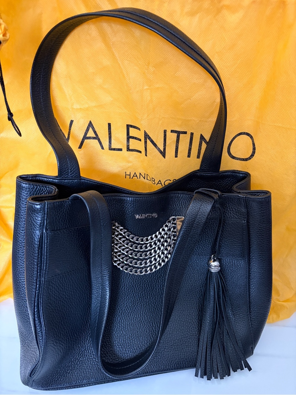 Valentino Black Leather Tote with Chain and Tassel